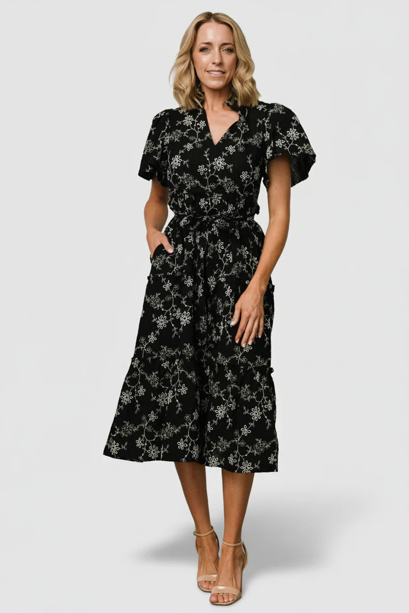 Odeya Tiered Midi Dress | Black + White