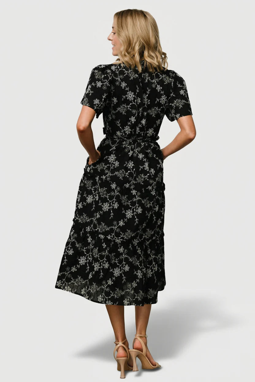 Odeya Tiered Midi Dress | Black + White