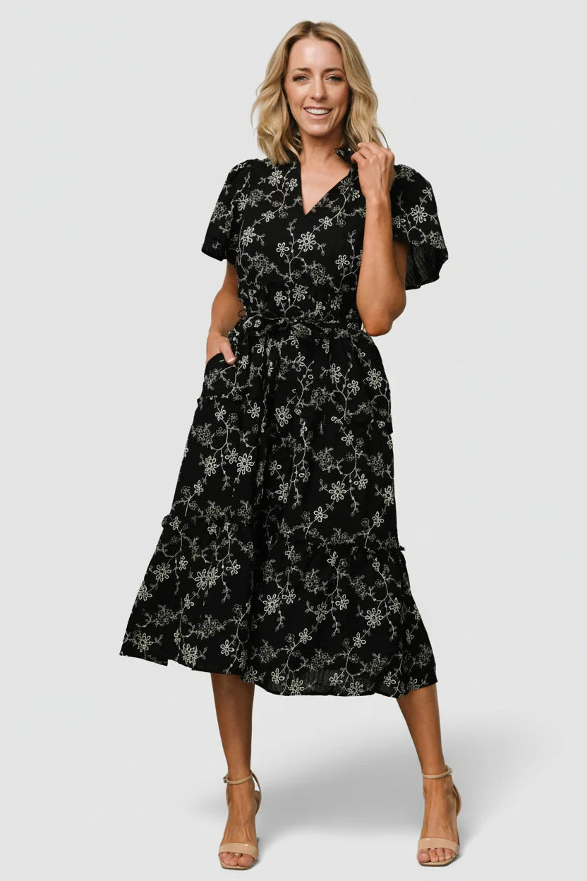 Odeya Tiered Midi Dress | Black + White