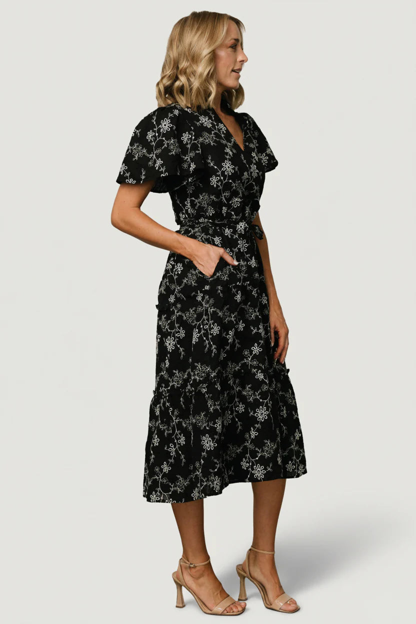 Odeya Tiered Midi Dress | Black + White