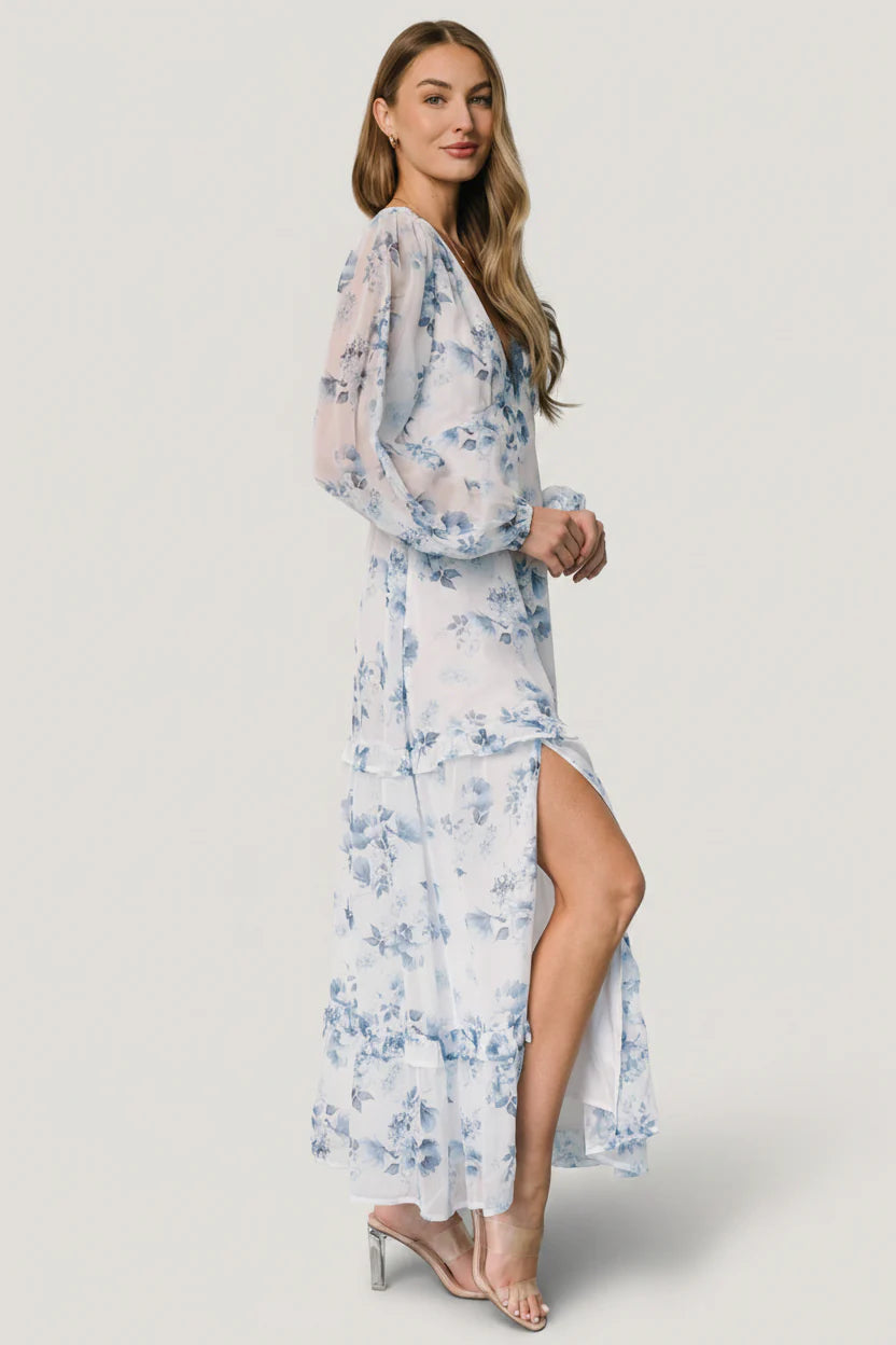 Rumi Deep V Maxi Dress | Off White + Blue Floral