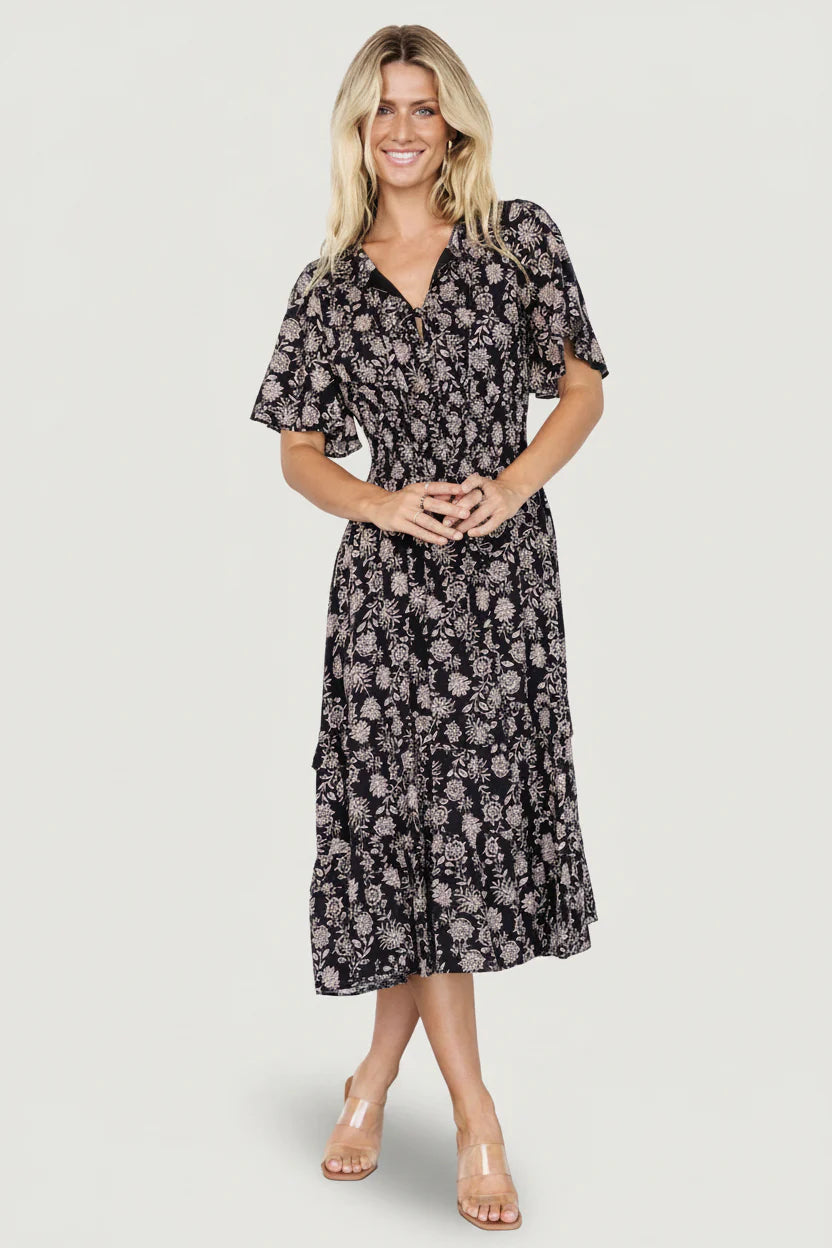 Spell Boho Midi Dress | Black + Taupe Floral