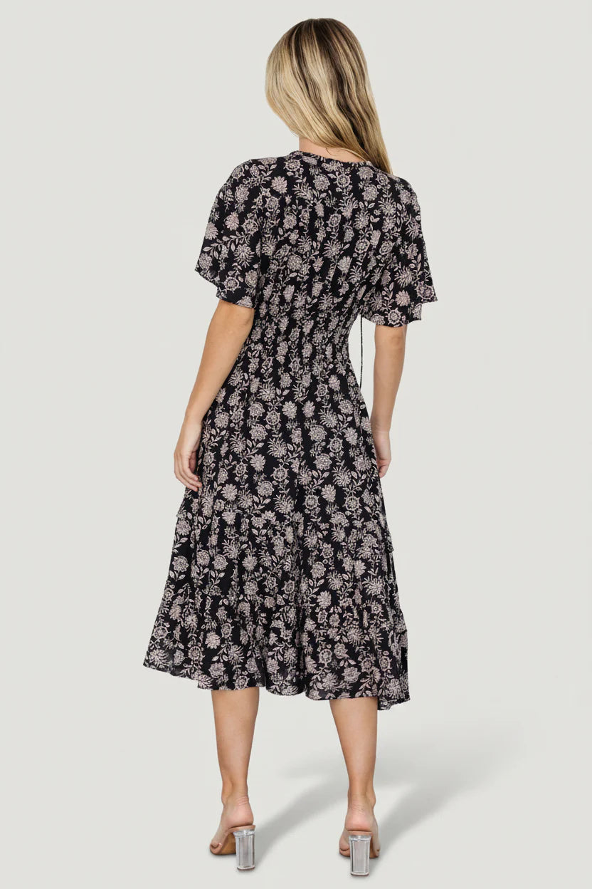 Spell Boho Midi Dress | Black + Taupe Floral