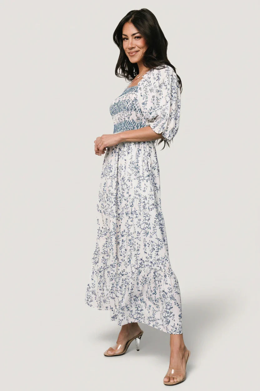 Tulsa Smocked Dress | Off White + Blue
