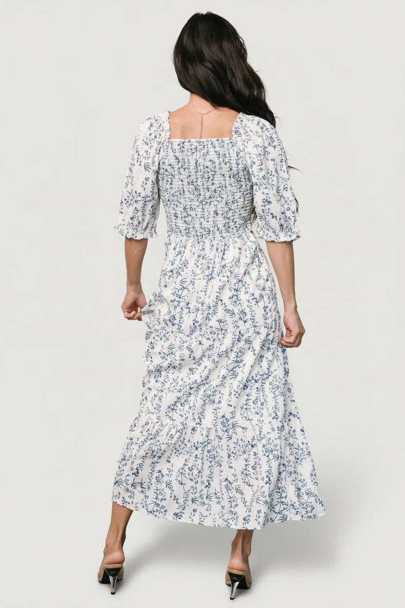 Tulsa Smocked Dress | Off White + Blue