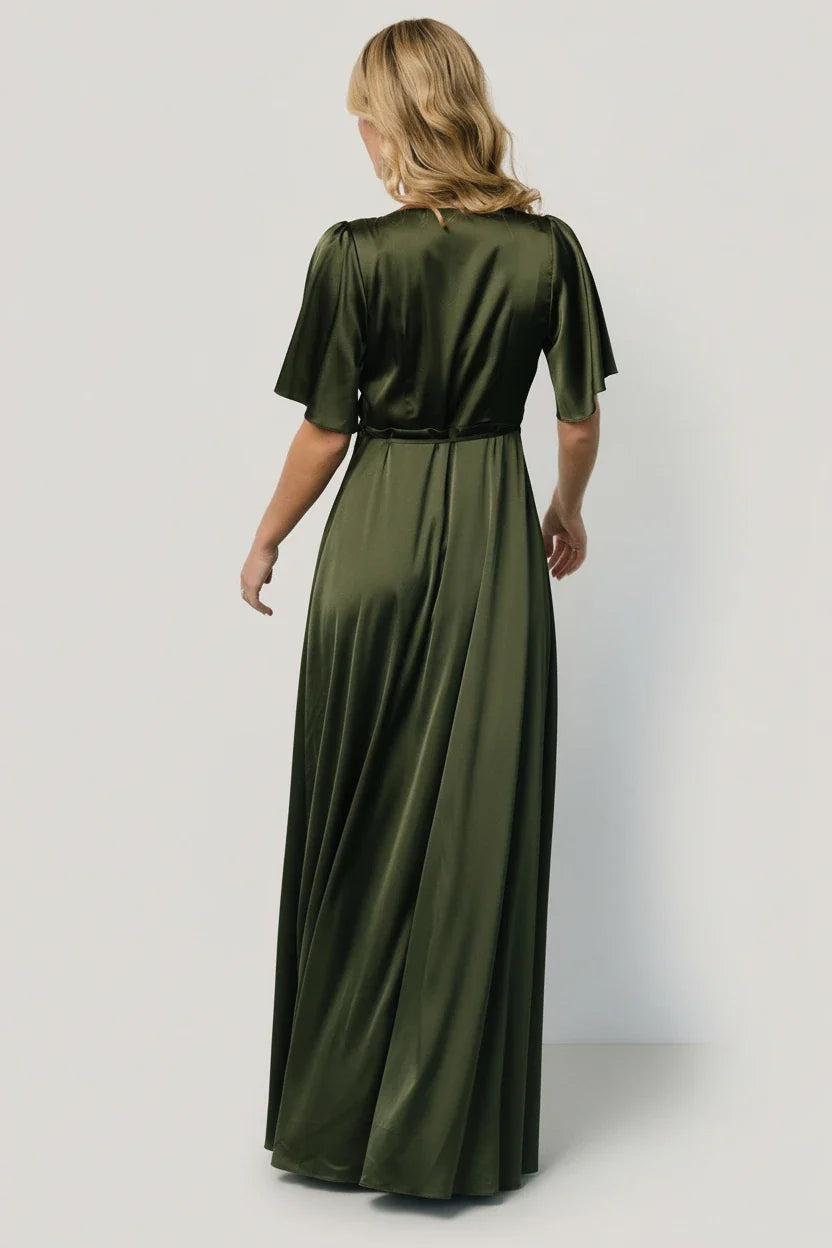 Vara Satin Maxi Wrap Dress | Juniper Green