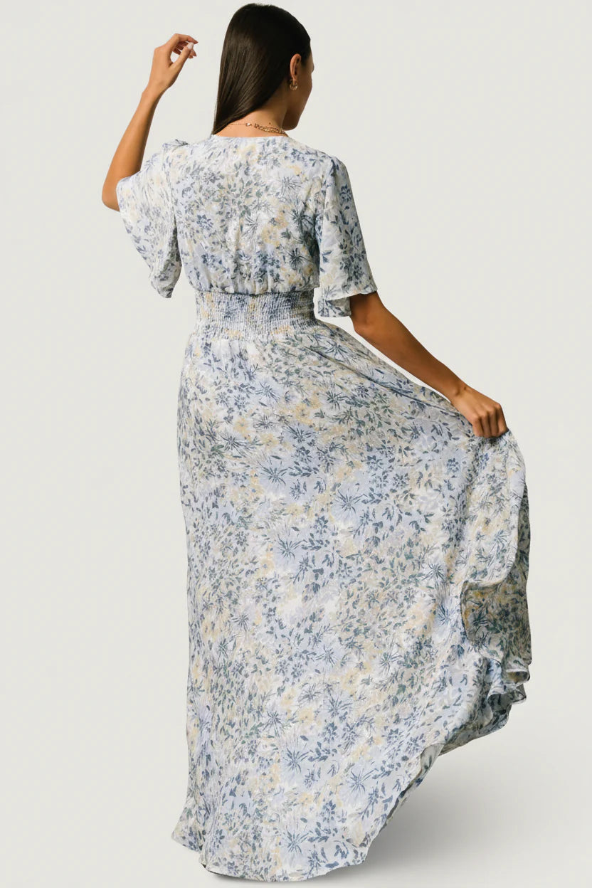 Verona Smocked Maxi Dress | White + Blue Print