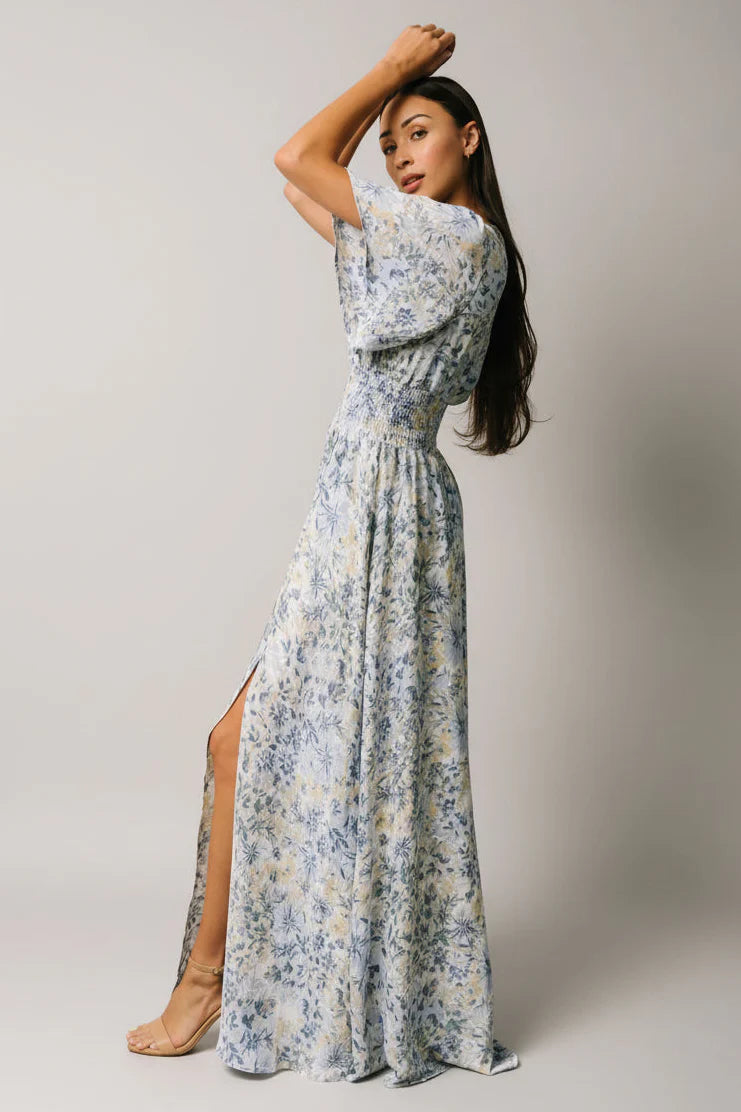 Verona Smocked Maxi Dress | White + Blue Print